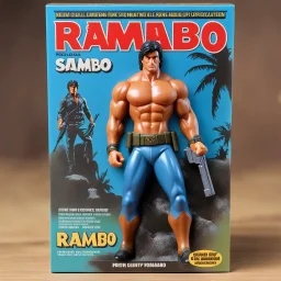 A photograph of a pristine action figure encased in its packaging, evoking a sense of collectible wonder, styled after a vintage toy advertisement. The box prominently displays "Rambo" in bold, stylized lettering, with the action figure inside clearly resembling Sylvester Stallone as Rambo, possessing his iconic features and a lean, athletic build, confidently holding a pistol and a knife