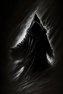 Low shot angle of dark wizard cloaked in darkness reaching towards camera hand drawn