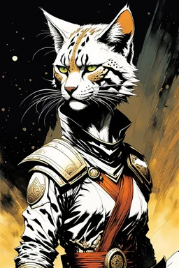 create an ethereal, otherworldly anthropomorphic Khajiit Lynx female warrior , in the comic book art style of Mike Mignola, Bill Sienkiewicz, and Jean Giraud Moebius, with highly detailed fur and feminine facial features , finely inked , dramatic natural lighting