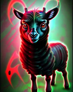 Comic book art style black lamb with red eyes, contrasting green meadow, cartoonist, digital portrait, dark fantasy, black iridescent skin, holographic, shiny, PVC texture, wet look, anime, gothic