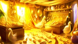 Fantasy digital illustration: = room full of treasures, including bags of gold, one magical hen that laid golden eggs, and one singing harp