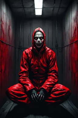 A scary gothic person sits quietly in the middle of a soundproof, padded room conveying intense dramatic emotions in a muted environment, wearing a bright red straitjacket , a mask to cover the mouth area of cannibal evil scary, dark and gothic look, cold eyes, eary ultra detailed,.32k, digital art style with messy paint, hardened sealer appearance, impasto, dramatic Arial view with explosive chaotic background