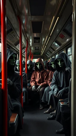 A bus full of scary hooded aliens sitting in the train