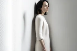 Woman wearing a wool dress, leaning against a white wall, fashion photography, real photography,16K