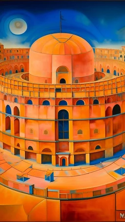 A light rosy orange colored coliseum in a city designed in Mayan architecture painted by Wassily Kandinsky