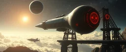 dark bridge space station holding huge round pear space ship, portrait of inter-galatic handsome power broker , the first nation, witchcraft, cyberpunk village, sci-fi, strange chrome vessels, volume light from stars through clouds, goa trance poster