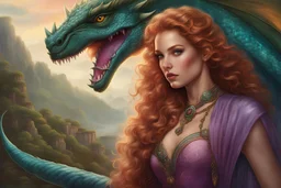 one woman holding a dragon, young Robyn Lively / Elsa Hosk / Shanina Shaik face morph, a beautiful young woman with pale, softly freckled skin, multi-hued long red curly hair and green turquoise-speckled eyes, holding an anatomically perfect pink and purple iridescent dragon; fantasy art by Kerem Beyit, XNO art, Julia Pishtar, MisterFeelgood, BoneHed-Art, Chet Zar art; Renaissance, luminous colorful sparkles, airbrush, depth of field, 16k, mixed media, ethereal, Unreal Engine 5; by James R. Eads
