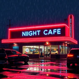 captivating high-resolution image of glowing neon diner sign reading "NIGHT CAFE," vibrant UV-reactive neon colors on a rainy night. The bright red neon track lighting wraps around the roof, creating a mesmerizing glow. Bustling parking lot is full. puddles reflecting the dazzling neon lights. HD, mind-bending artistic photography. rendered in stunning high resolution