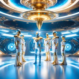 (masterpiece, best quality, 8k, RAW photo, beautiful and aesthetic:1.2), complex detail, Indirect light, photorealistic, (((full body))), Meeting of a group of Cosmic gods smiling, Mixed, sci-fi, spiritual and cyborg outfit with golden futuristic artifacts, white, blue and silver elements- Inside a great room of a flying saucer with a round hublot showing a galactic sunset