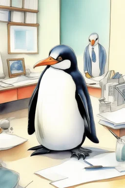 a penguin is an investor in 1990 office, watercolor.