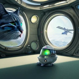 hyper-realistic flying astronaut looking at cat inside spaceship window, 8k resolution, high-quality, fine-detail, detailed matte, intricate, 3D octane render, illustration, digital art, brian froud, howard lyon, anna dittman, greg rutowski,