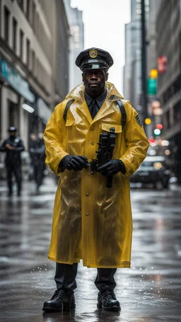 retro nypd full body color blackman policeman wtih exosqueleton with heavy yellow rain transparent coat with riffle