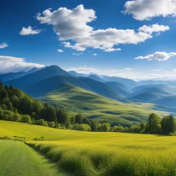 country side,mountains at far ,blue sky,pretty clouds