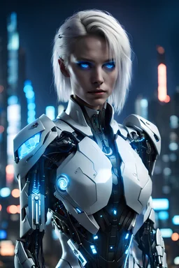 Woman with Blonde Hair, glowing blue cybernetic eye, right black cybernetic arm, white open coat, thin silver armor underneath night, city background, high detail, 4k, small cables protruding from the back
