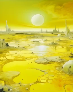A light yellow wasteland with acid pools painted by Salvador Dali