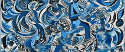 A dark blue chaotic realm with pixies designed in Navajo woven art painted by Pablo Picasso