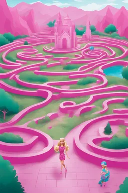 Barbie-themed maze for kids, featuring vibrant pink colors, Barbie's iconic elements, and an engaging, fun-filled path