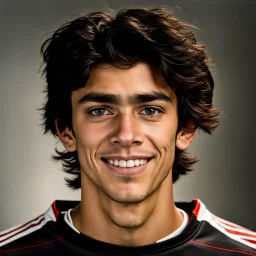 85mm DSLR color photography of a very detailed headshot fitting all of head and hair in frame. 19-year-old Spanish soccer player, and with no facial hair and has no facial hair, has medium length straight black hair with a small smile, grey background