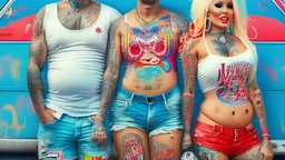 Consumerist Trailer Park God And Goddess Covered In Brand Tattoos With Giant Logos All Over Their Clothes; Pop Art Renaissance Trailer Trash Painting; Insanely Detailed; award-winning portfolio piece