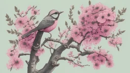 A bird drawing in a tree with a lot of pink flowers.