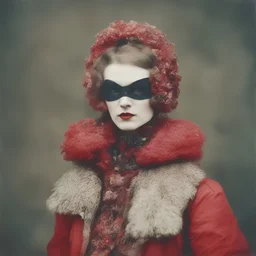 Countess da Castiglione,with a mask,, red, autochrome, plastic puffy jacket