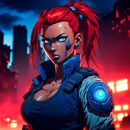 female bodyguard mixed ethnicity solid blue glowing demonic eyes, red hair in a ponytail hairstyle, fit and muscular, post-apocalyptic background, anime style