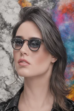 Elvis Presley, Lucy Hale Hybrid, thick, black framed, dark tinted, cat-eye eyeglasses, 4k UHD, photorealistic, bright, extremely colorful, multicolored, foggy, gradated marble wall background, extremely detailed skin texture,