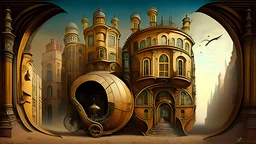 steampunk city like trompe l'oeil dali