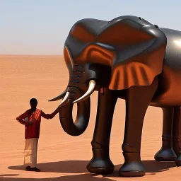 A mechanical metallic elephant looking at a Robotic Bedouin in Sahara by arik roper