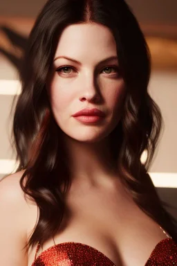 Liv Tyler has angel wings. She has beautiful eyes. Her hair flies in the air., closed eyes, rtx, reflection, 8k, glow, winning photography, caustics