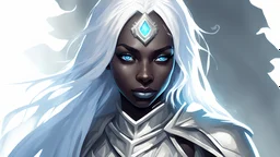 Generate a dungeons and dragons character portrait of the face of a female cleric of peace drow with dark gray skin and with black, white golden cloths inspired by the sentinels of light from leagueof legends. She has white hair and glowing blue eyes and is surrounded by holy light