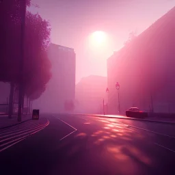 bank , street view, sun set , unity, scriptable render pipeline , lighting , volumetric , global illumination, fog , purple tone.