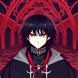 portrait anime vampire, long hair, red eyes, noble black robe, Blood, background Gothic castle, hyper detailed, intricately detailed, gothic, ambiguous lines image, flat dimensional style, flat lines, rough drawing --ar 2:3