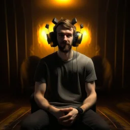 a guy king wearing headphones sitting on a throne in hell