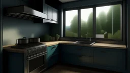 kitchen with dark blue, forest green on the left side by the window from the bottom up, a microwave and an oven installed in the furniture, and on the right side and next to it an induction hob and a cooker hood above it, on the right side there is a sink and a dishwasher underneath it