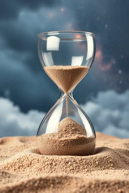 Sand clock full with small tiny clouds instead of sands , on a cloudy stormy background with universe back ground look like time within time for eternity , great picture with high resolution and 4k quality