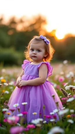 A baby girl with a purple dress standing in beautiful colorful meadow of wild flowers floral background, landscape with white or pink flowers with sunset and blurred background. Soft pastel Magical nature copy space evening not bright