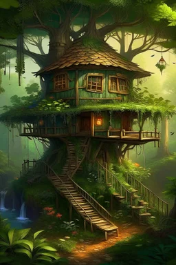 a tiny house, nestled in the uppermost branches of a towering tree, providing a cozy and secluded sanctuary amidst the dense foliage of a vibrant forest. The air is filled with the earthy scent of moss and leaves, and the gentle rustling of the wind creates a soothing melody. The mood is whimsical and inviting, with a touch of mystery and adventure. A mix of realism and fantasy, capturing the magic of nature's embrace. Watercolor washes and intricate line work, reminiscent of the Art Nouveau mov