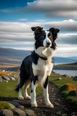 make a pixer poster, The border collie stand at middle on the gravel road. there is sea and landscape is mountain and some ship. sky is evening sky. the border collie looking for sea.