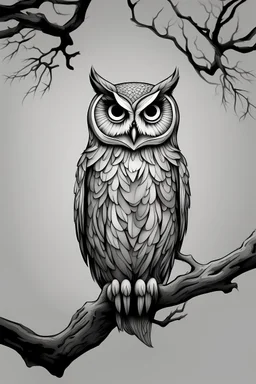 simple owl tattoo idea perched on a tree branch full body head on front view