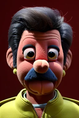 Waist up muppet Portrait, Nicolas maduro us muppet doll, black hair, Venezuelan president, tracksuit red, mustache, photo studio, yellow background, unreal engine 5, concept art, art station, ray tracing, lumen lighting, ultra detail, volumetric lighting, 3d.