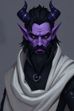 light purple tiefling, kind face, black hair and beard, wearing black leather with a white cape, full body, more realistic