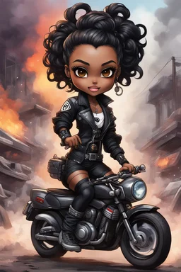 Create a urban art illustration of a chibi cartoon full figure black female riding a sports motorcycle. She is wearing tie dye and black tights with biker boots. Prominent make up with log lashes and hazel eyes. Extremely highly detailed black shiny wavy hair up in a messy bun. Background of smoke surrounding her and the bike and she's at a bike show.