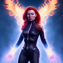 Dark Phoenix, X-Men , Jean Gray. hyperfantastic,hyperscifi,unreal engine.best colours,deep purple . fire theme .blue neon smoke.cinamatic,full cinematic lights.beautiful body details,beautiful face details,8k,