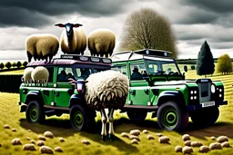 lots of sheep jumping on each other with mechanic, portrait of a broken mechanic, mixed body hybrid part big (sheep), fixing (far away old land rover 4x4 discovery 2) in the countryside