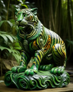 A green nature elemental tiger designed in Maori sculptures painted by Edvard Munch