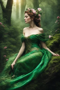 For where my sprite once rested weary, now lies vision to shame the rosy dawn. Fiona reclines 'mid emerald shadows and bronze, swaddled but in whispers of silk begging exploration's caress. One braid yet clings fierce as briar 'long her breast, dark ribbon winding 'gainst skin fine as forest moss. Wild contrast to blooms now bared where light and gloom conspire, sweeter fruits than my penance dares dream to taste or name. Eyes of peridot pin this wretch like any hunter's prize, daring the fainte