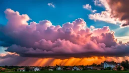 a bunch of clouds that are in the sky above village, puffy clouds resembling a galleon, just after rain, tattoos of cumulus clouds, cotton candy bushes, dark towering clouds late afternoon, flowing pink-colored silk and orange/pale pink sky palette, large patches of plain colors, beige sky blue, slightly luminous colors, nature photograph, smartphone photography, captured with sony a3 camera, panoramic, gigapixel, by Carlo Maderna, inspired by Maxfield Parrish, inspired by Niccolò dell' Abbate