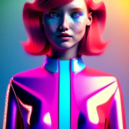 redhead woman teenager, freckles, padded coat, retro futuristic, latex dress, gradient color, BLUE, PINK, CYAN, neon, insanely detailed, 16k resolution, perfect eyes, cinematic smooth, intricate detail