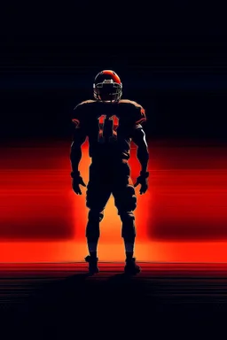 Silhouette of a football linebacker, the background on the left is red at the top and fading to black at the bottom, the background on the right is orange at the top and fading to dark navy blue at the bottom, background also has stadium lighting and the receding yard lines of a football field